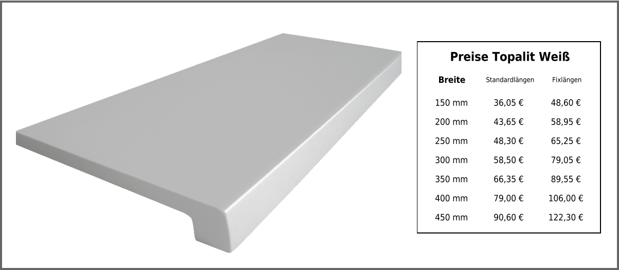 Breite Standardlängen Fixlängen 150 mm 36,05 € 48,60 € 200 mm 43,65 € 58,95 € 250 mm 48,30 € 65,25 € 300 mm 58,50 € 79,05 € 350 mm 66,35 € 89,55 € 400 mm 79,00 € 106,00 € 450 mm 90,60 € 122,30 € Preise Topalit Weiß