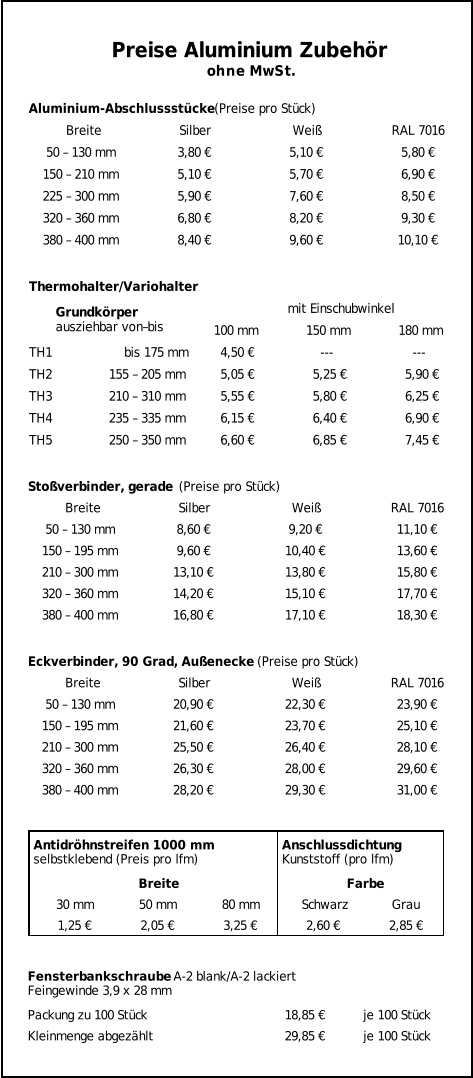 Breite Silber Weiß RAL 7016 50 – 130 mm 3,80 € 5,10 € 5,80 € 150 – 210 mm 5,10 € 5,70 € 6,90 € 225 – 300 mm 5,90 € 7,60 € 8,50 € 320 – 360 mm 6,80 € 8,20 € 9,30 € 380 – 400 mm 8,40 € 9,60 € 10,10 € Preise Aluminium Zubehör ohne MwSt. Aluminium-Abschlussstücke  (Preise pro Stück) mit Einschubwinkel 100 mm 150 mm 180 mm TH1                   bis 175 mm 4,50 € --- --- TH2               155 – 205 mm 5,05 € 5,25 € 5,90 € TH3               210 – 310 mm 5,55 € 5,80 € 6,25 € TH4               235 – 335 mm 6,15 € 6,40 € 6,90 € TH5               250 – 350 mm 6,60 € 6,85 € 7,45 € Thermohalter/Variohalter Grundkörper ausziehbar von–bis Breite Silber Weiß RAL 7016 50 – 130 mm 8,60 € 9,20 € 11,10 € 150 – 195 mm 9,60 € 10,40 € 13,60 € 210 – 300 mm 13,10 € 13,80 € 15,80 € 320 – 360 mm 14,20 € 15,10 € 17,70 € 380 – 400 mm 16,80 € 17,10 € 18,30 € Stoßverbinder, gerade  (Preise pro Stück) Breite Silber Weiß RAL 7016 50 – 130 mm 20,90 € 22,30 € 23,90 € 150 – 195 mm 21,60 € 23,70 € 25,10 € 210 – 300 mm 25,50 € 26,40 € 28,10 € 320 – 360 mm 26,30 € 28,00 € 29,60 € 380 – 400 mm 28,20 € 29,30 € 31,00 € Eckverbinder, 90 Grad, Außenecke  (Preise pro Stück) Breite Farbe 30 mm 50 mm 80 mm Schwarz Grau 1,25 € 2,05 € 3,25 € 2,60 € 2,85 € Antidröhnstreifen 1000 mm selbstklebend (Preis pro lfm) Anschlussdichtung Kunststoff (pro lfm) Packung zu 100 Stück 18,85 € je 100 Stück Kleinmenge abgezählt 29,85 € je 100 Stück Fensterbankschraube  A-2 blank/A-2 lackiert Feingewinde 3,9 x 28 mm